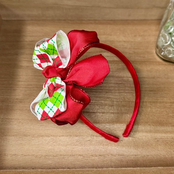 Girls Red & Green Argyle Christmas Bow Headband | Layered Bow Headband - Picture 4 of 9